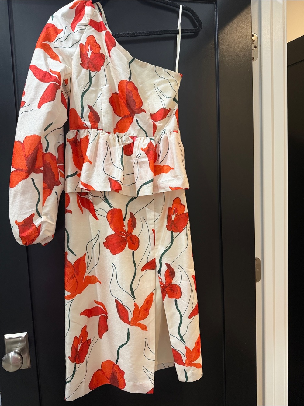 Hutch One-Shoulder Floral Dress in White and Red-Orange